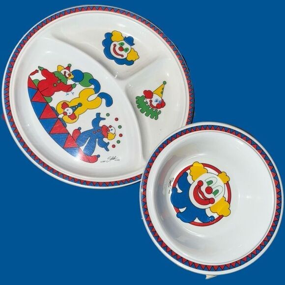 Vintage Melamine Ware Divided Plate Primary Clown Scene Plate & Bowl Set - Picture 1 of 4